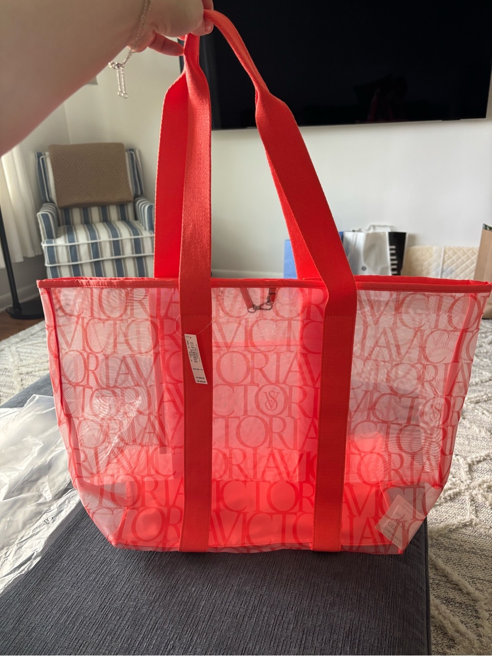 Victoria's Secret Neon Orange Mesh Logo Tote